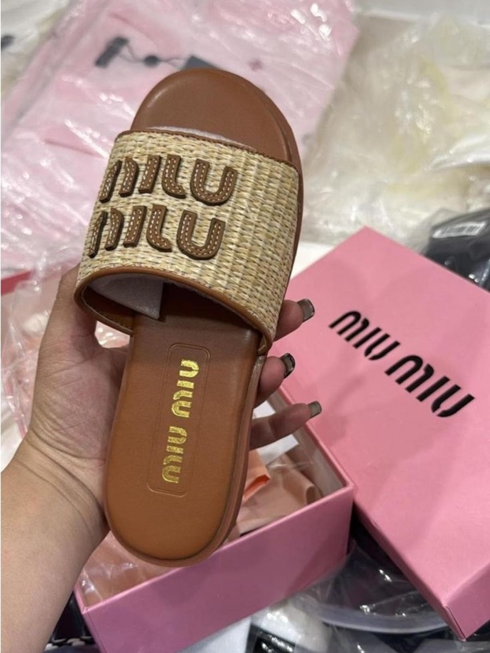 Miu Miu Tan and Cream Woven Slide Sandals - Picture 3 of 3
